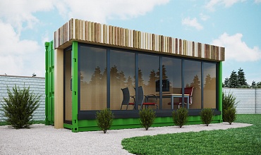 Модульный мини-офис из морского контейнера с покраской каркаса в зеленый цвет 